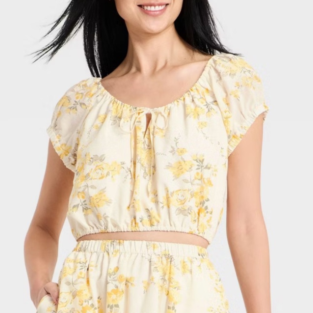 A New Day White Yellow Floral Short Puff Sleeve Tie Top